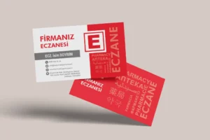 Kırmızı-beyaz renkli, modern tasarıma sahip Firmanız Eczanesi kartvizit örneği; üzerinde Onur Alp Demirci’ye ait iletişim bilgileri, adres ve eczane logosu yer alıyor.